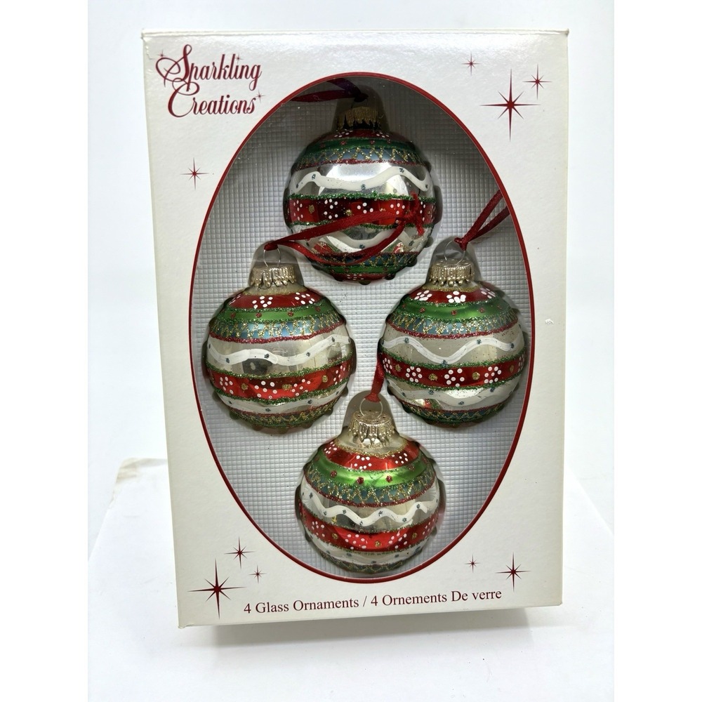 Sparkling Creations Green Red Christmas Ball Ornaments- With Box